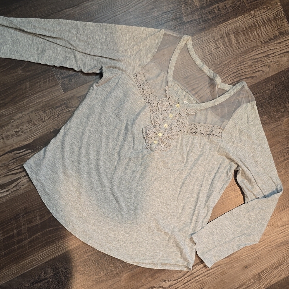 SO Light Gray Lace Detail Long Sleeve Top